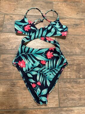 Aerie Navy Tropical Cutout One-Piece with Teal Leaves & Pink Flowers
